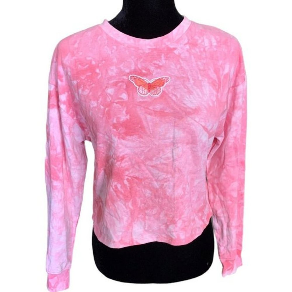 NEW All in Favor Pink Long Sleeve Tie Dye Butterfly Embroidery Top